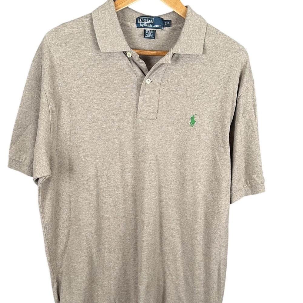 Polo Ralph Lauren Mens Large Tan Beige Short Sleeve Pique Polo Shirt Green Pony